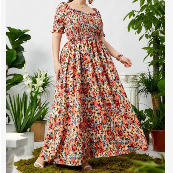 Bohemian Boho Plus Size Floral Print Smocked Maxi Dress - Picture 1 of 8